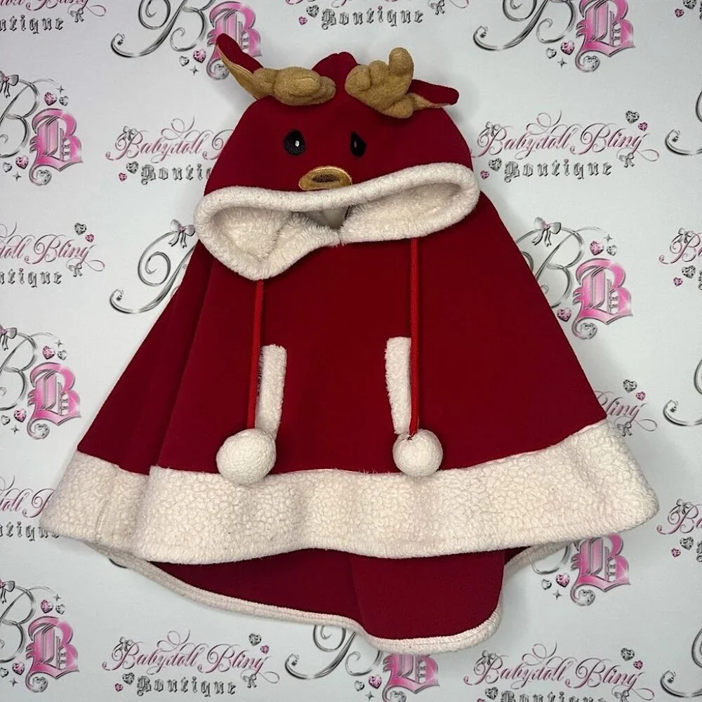 Doppio’s poncho reindeer kids red white Pom poms deer hood cute cozy warm Xmas